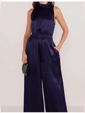 MINKPINK Navy Satin High-Neck Wide-Leg Jumpsuit